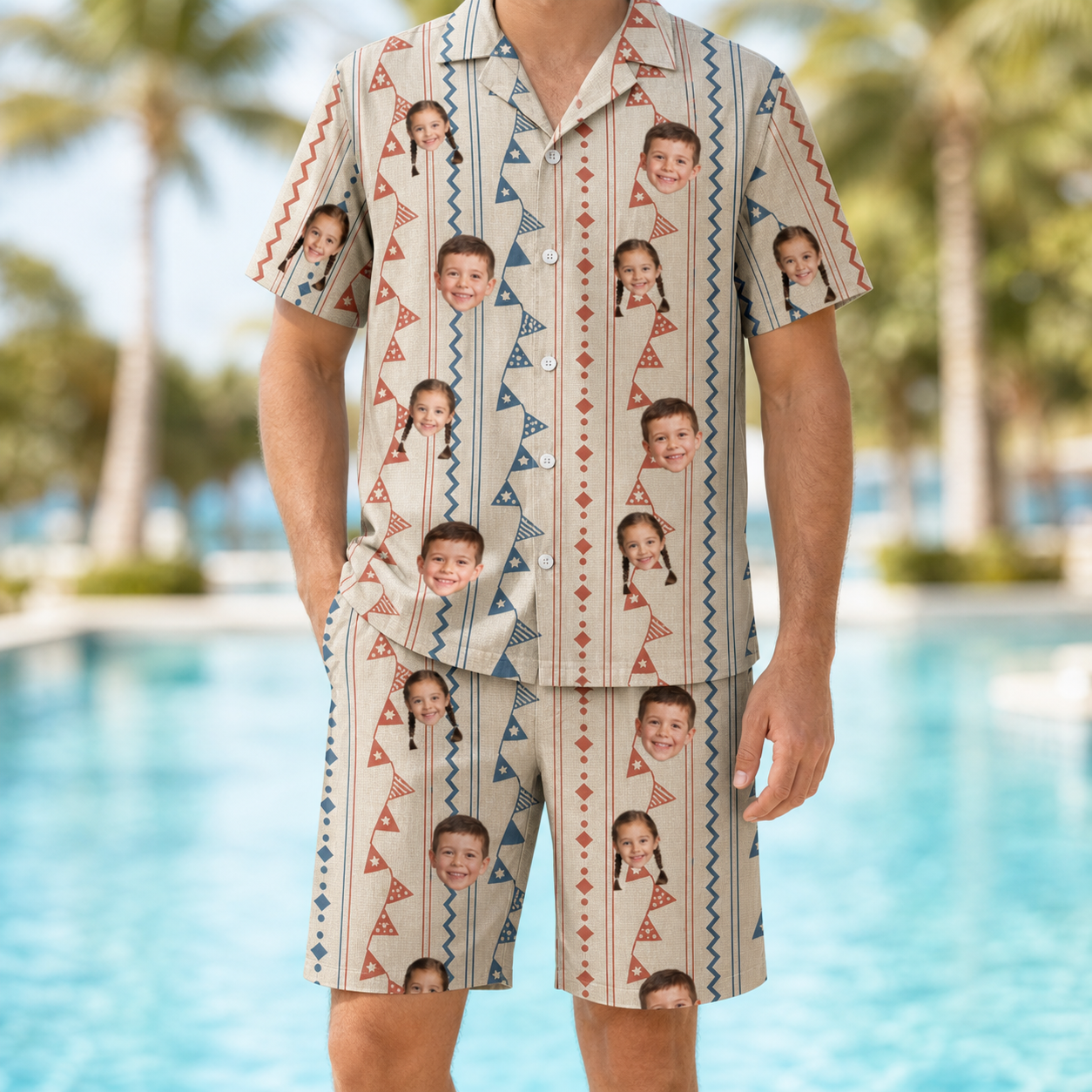 Model wearing Men's Pennant Parade Custom Face Shirt & Shorts Set printed with kids' faces