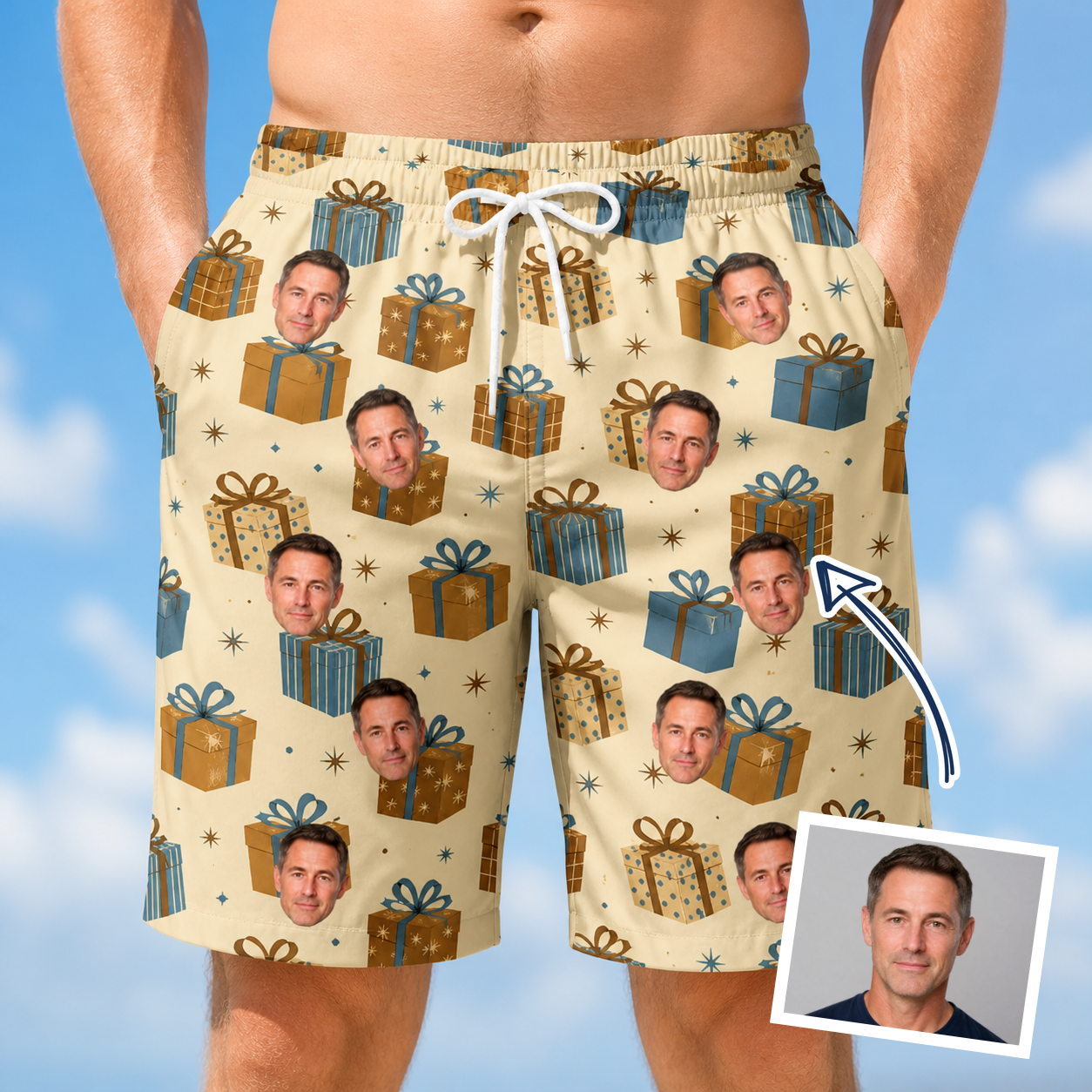 Man wearing Men's Gift Glee Custom Face Beach Shorts — custom faces printed all-over