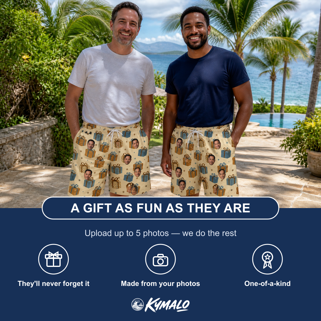 Friends in matching Men's Gift Glee Custom Face Beach Shorts — a group gift photo