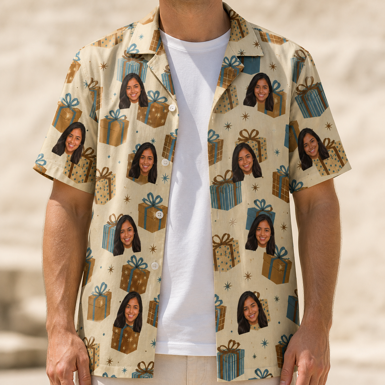 Man wearing Men's Gift Glee Custom Face Hawaiian Shirt open over a white tee