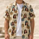 Man wearing Men's Gift Glee Custom Face Hawaiian Shirt open over a white tee