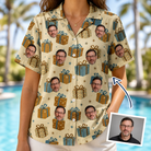 Woman wearing Women's Gift Glee Custom Face Hawaiian Shirt — custom faces printed all-over
