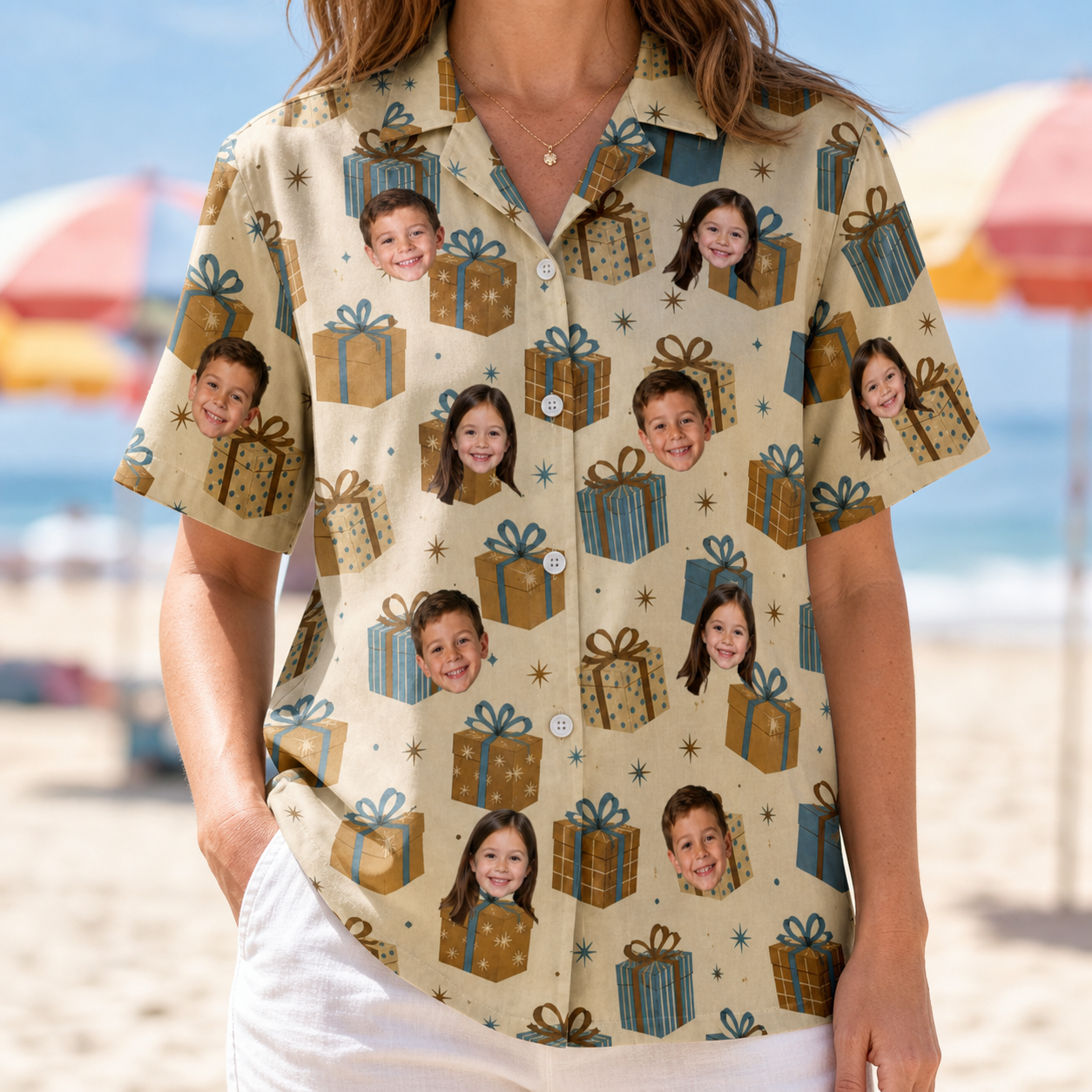 Model wearing Women's Gift Glee Custom Face Hawaiian Shirt printed with kids' faces