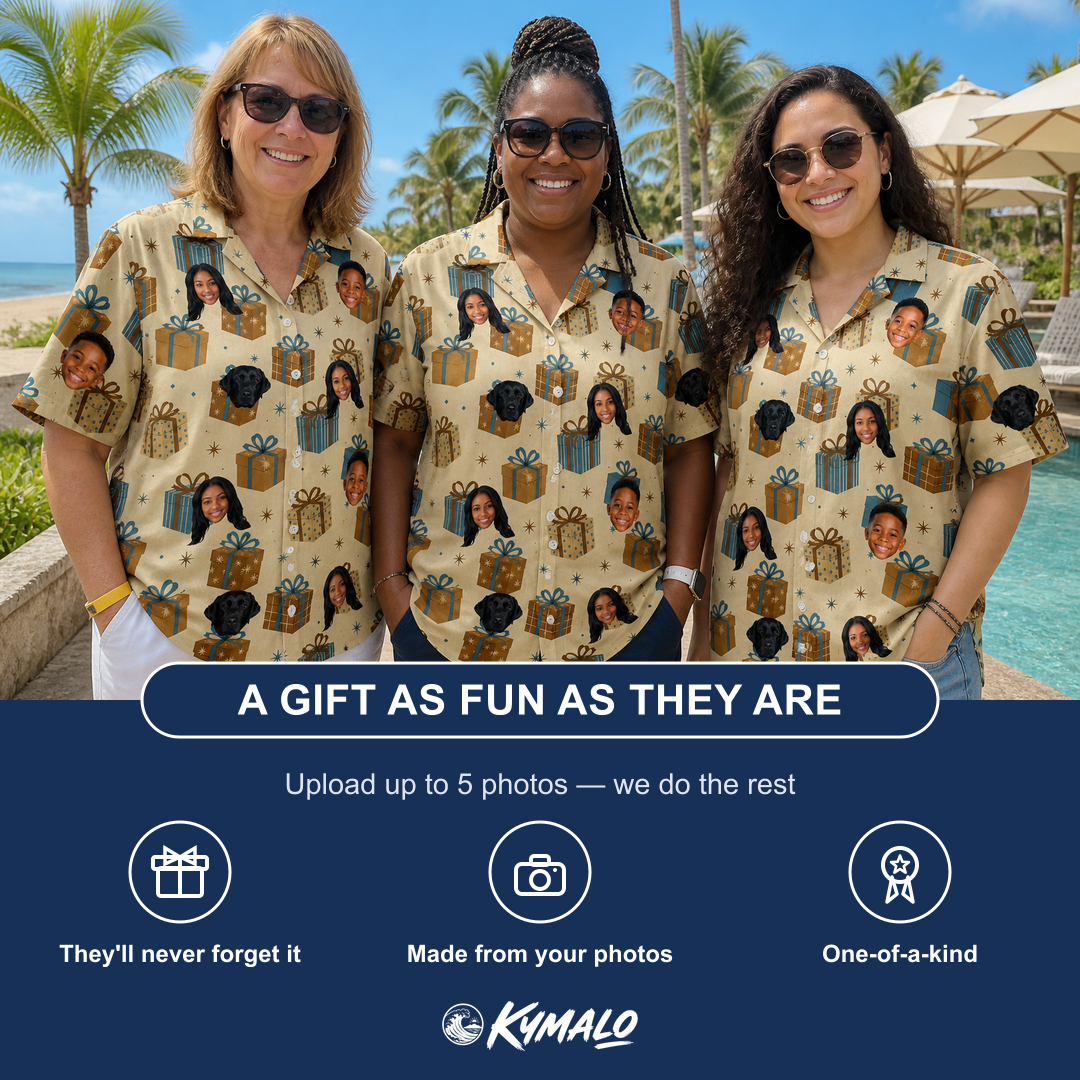 Friends in matching Women's Gift Glee Custom Face Hawaiian Shirt — a group gift photo