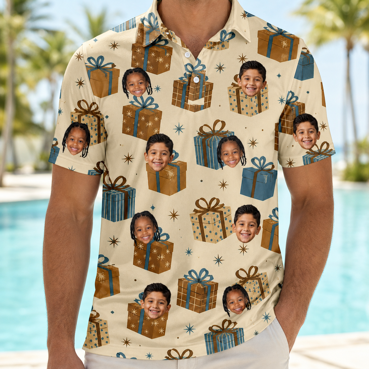 Model wearing Men's Gift Glee Custom Face Polo Shirt printed with kids' faces