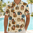 Model wearing Men's Gift Glee Custom Face Polo Shirt printed with kids' faces