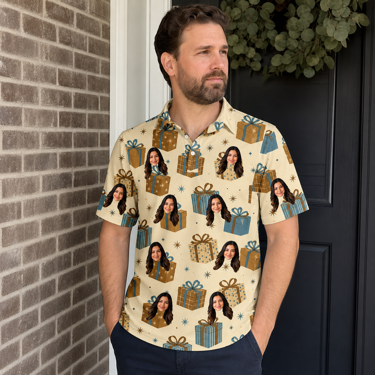 Real-life photo of someone wearing Men's Gift Glee Custom Face Polo Shirt — custom faces printed all-over