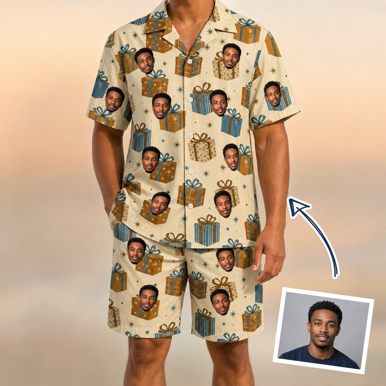 Man wearing Men's Gift Glee Custom Face Shirt & Shorts Set — custom faces printed all-over