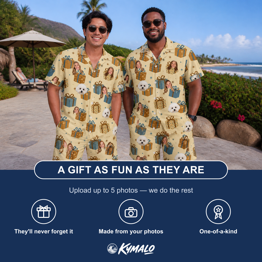 Friends in matching Men's Gift Glee Custom Face Shirt & Shorts Set — a group gift photo