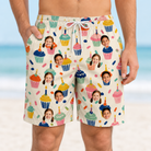 Model wearing Men's Sweet Stackers Custom Face Beach Shorts printed with kids' faces