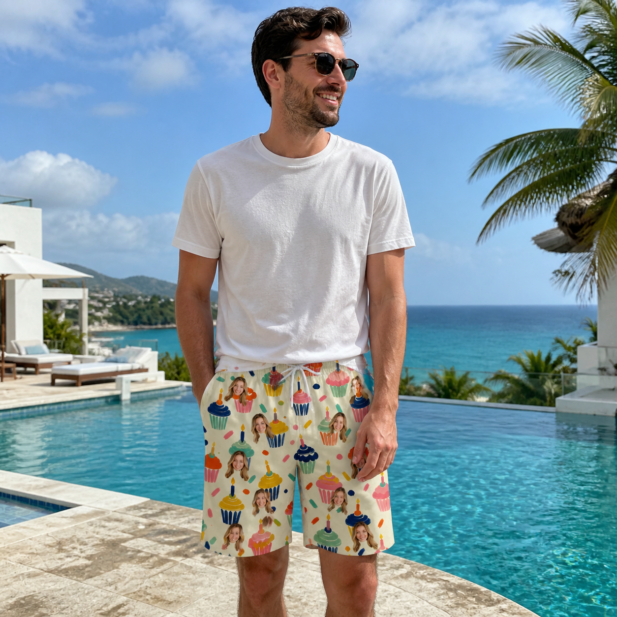 Real-life photo of someone wearing Men's Sweet Stackers Custom Face Beach Shorts — custom faces printed all-over