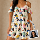 Woman wearing Women's Sweet Stackers Custom Face Off-Shoulder Dress — custom faces printed all-over