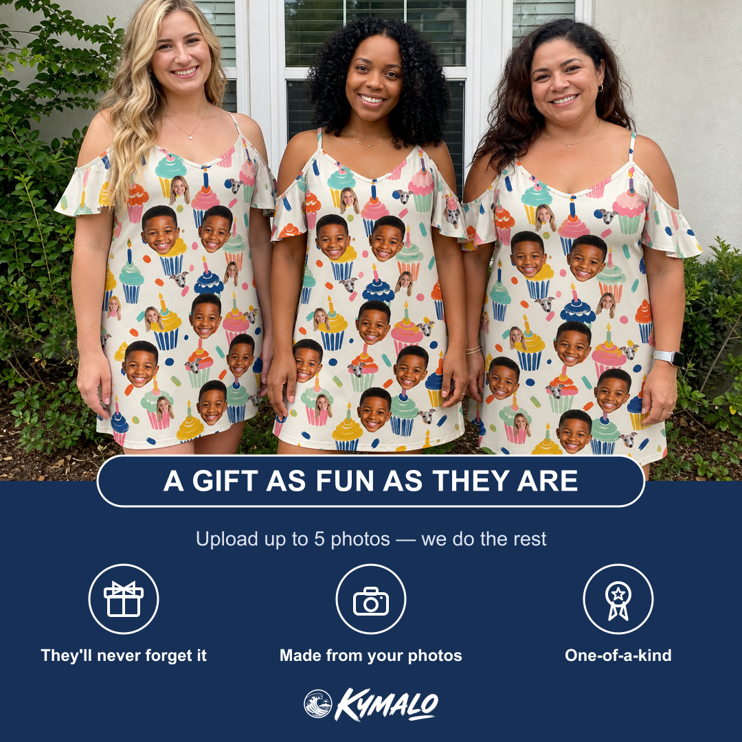 Friends in matching Women's Sweet Stackers Custom Face Off-Shoulder Dress — a group gift photo