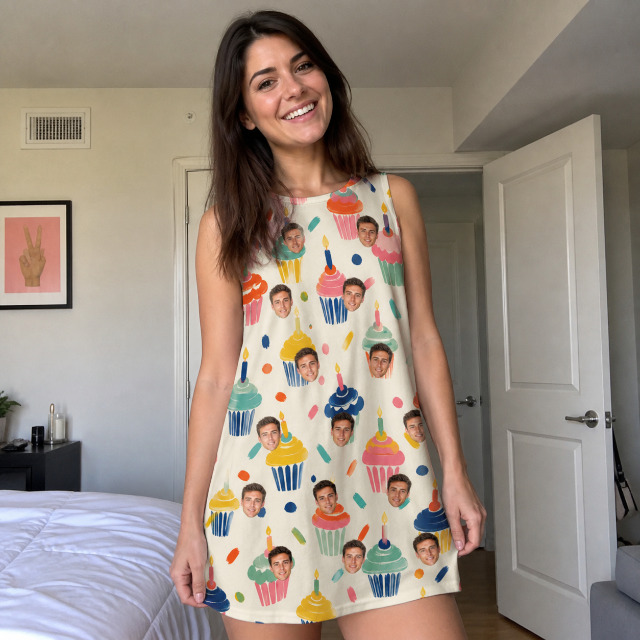 Real-life photo of someone wearing Women's Sweet Stackers Custom Face Tank Dress — custom faces printed all-over