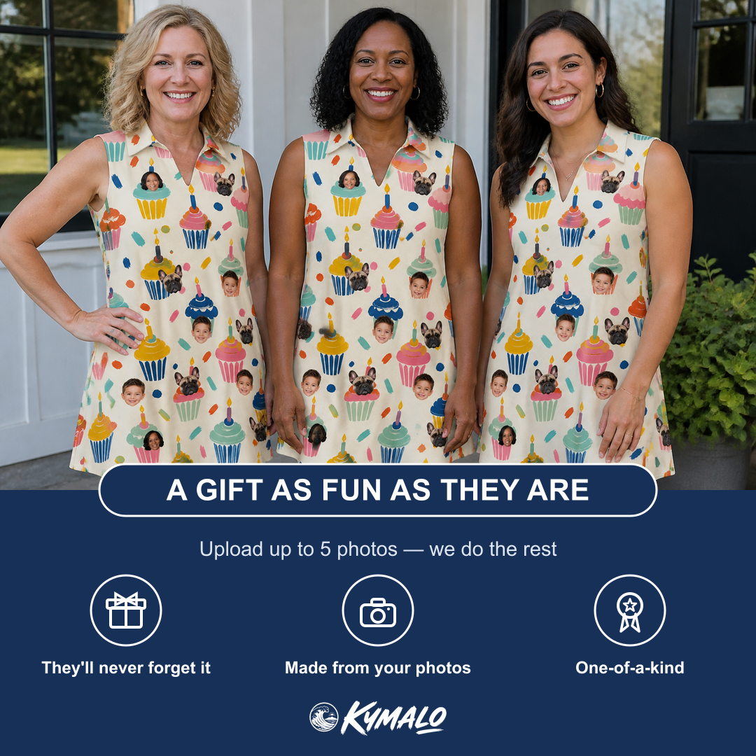 Friends in matching Women's Sweet Stackers Custom Face V-Neck Dress — a group gift photo