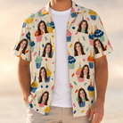 Man wearing Men's Sweet Stackers Custom Face Hawaiian Shirt open over a white tee