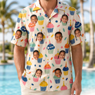 Model wearing Men's Sweet Stackers Custom Face Hawaiian Shirt printed with kids' faces