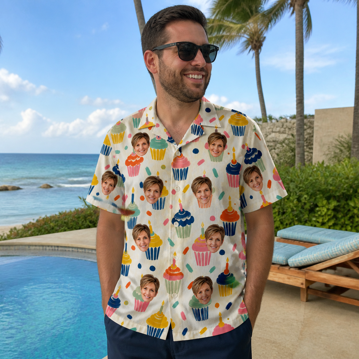Real-life photo of someone wearing Men's Sweet Stackers Custom Face Hawaiian Shirt — custom faces printed all-over