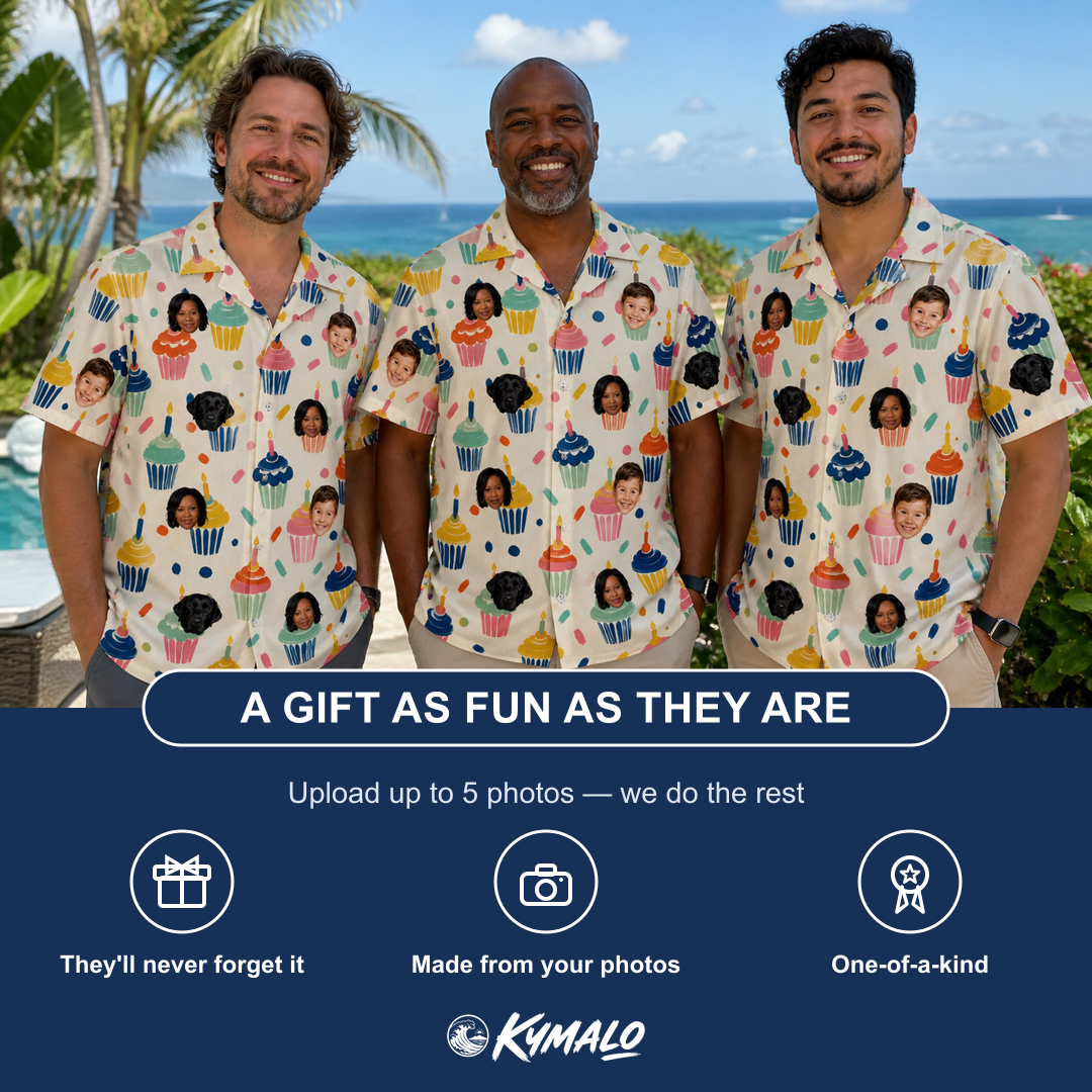 Friends in matching Men's Sweet Stackers Custom Face Hawaiian Shirt — a group gift photo