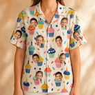 Model wearing Women's Sweet Stackers Custom Face Hawaiian Shirt printed with kids' faces