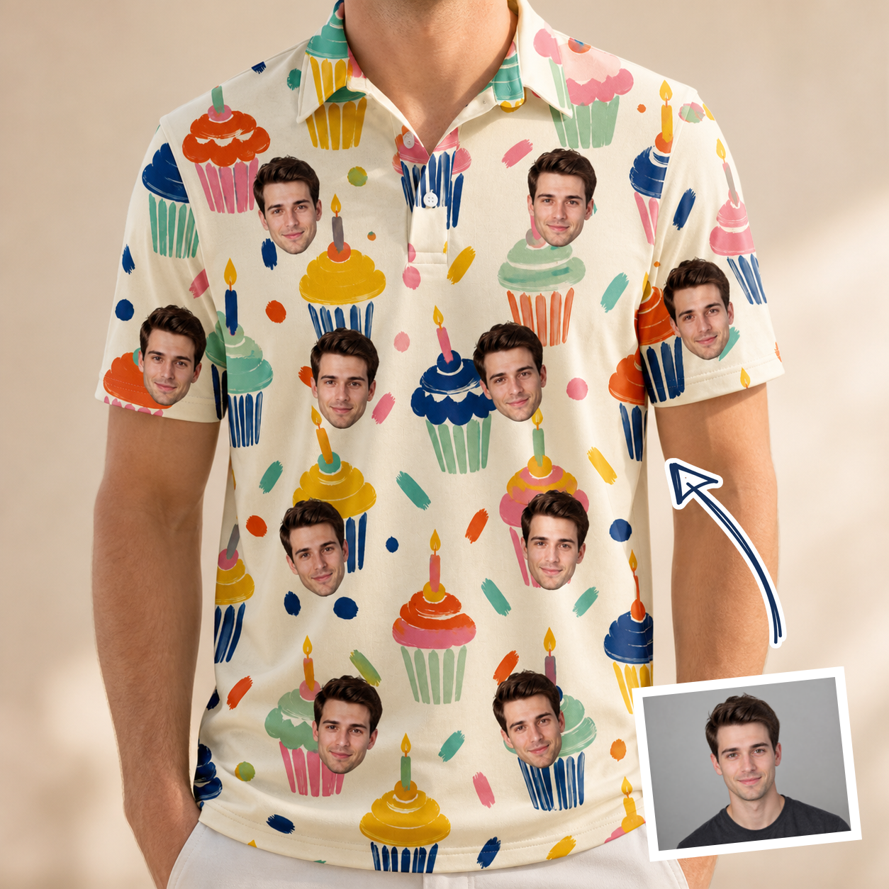 Man wearing Men's Sweet Stackers Custom Face Polo Shirt — custom faces printed all-over