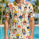 Model wearing Men's Sweet Stackers Custom Face Polo Shirt printed with kids' faces