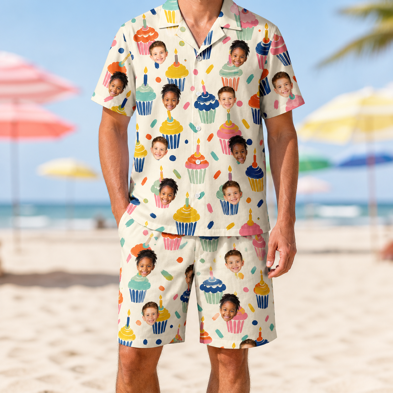 Model wearing Men's Sweet Stackers Custom Face Shirt & Shorts Set printed with kids' faces