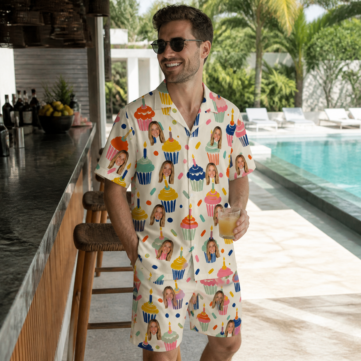 Real-life photo of someone wearing Men's Sweet Stackers Custom Face Shirt & Shorts Set — custom faces printed all-over