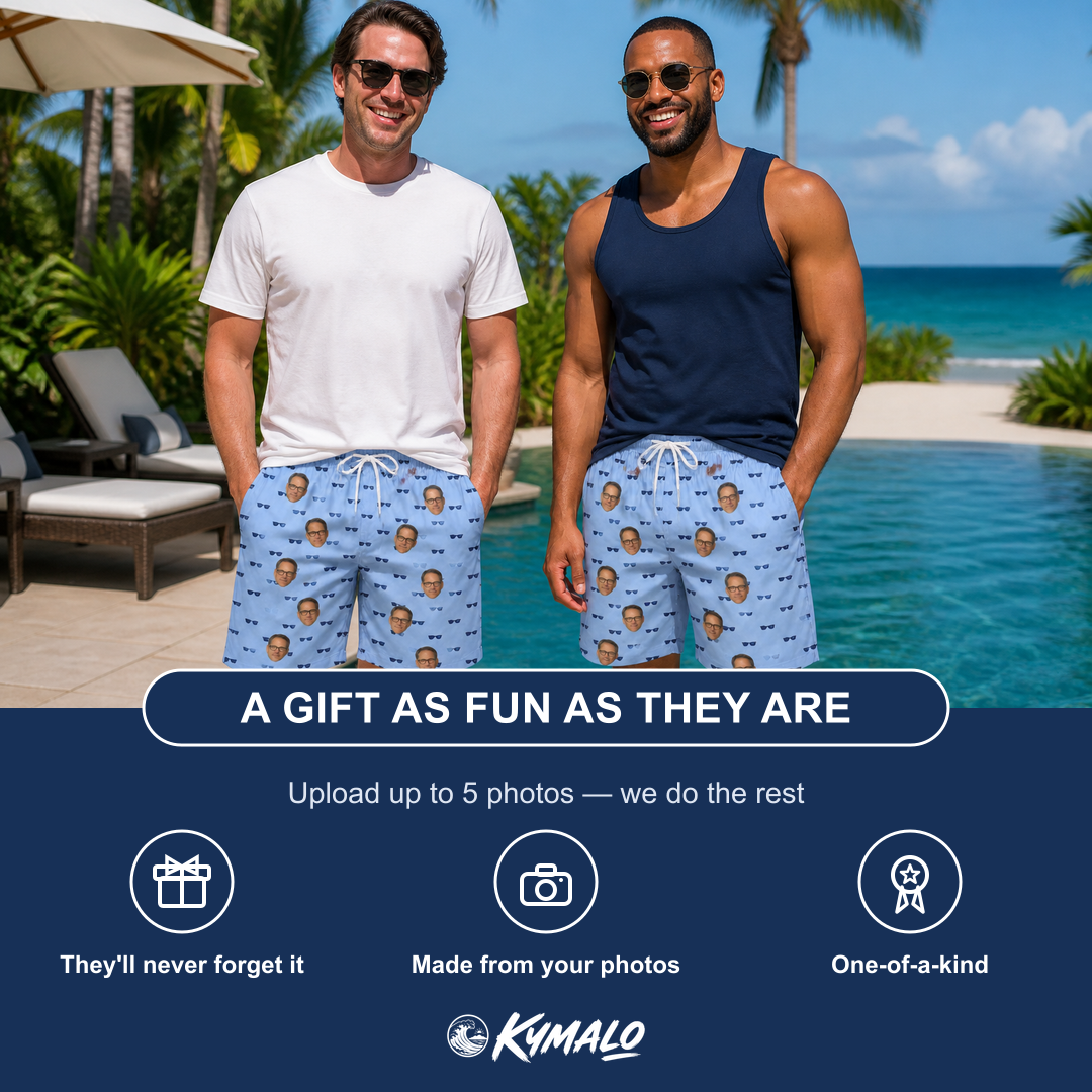 Friends in matching Men's Flirt Filters Custom Face Beach Shorts — a group gift photo