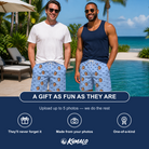 Friends in matching Men's Flirt Filters Custom Face Beach Shorts — a group gift photo