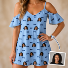 Woman wearing Women's Flirt Filters Custom Face Off-Shoulder Dress — custom faces printed all-over