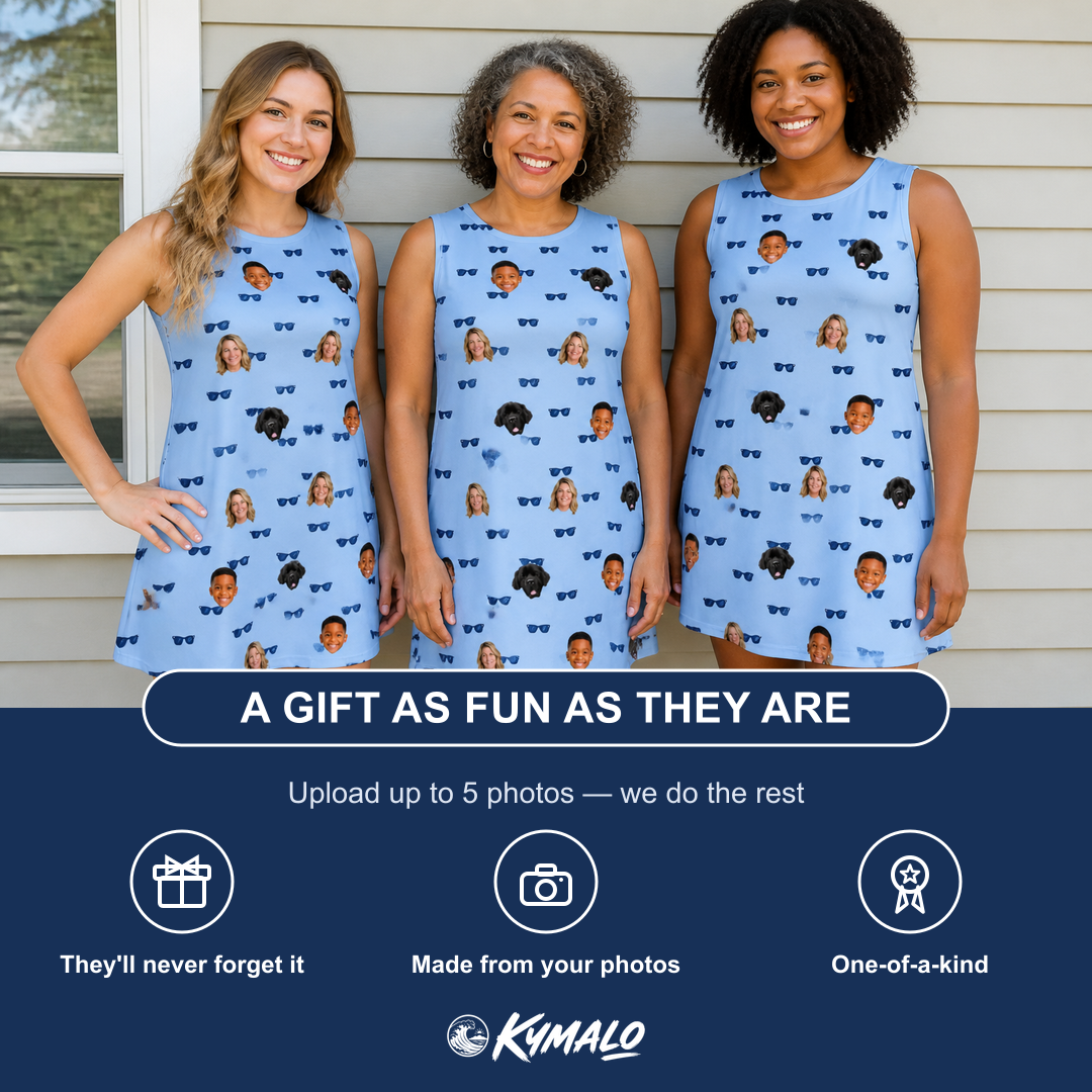 Friends in matching Women's Flirt Filters Custom Face Tank Dress — a group gift photo