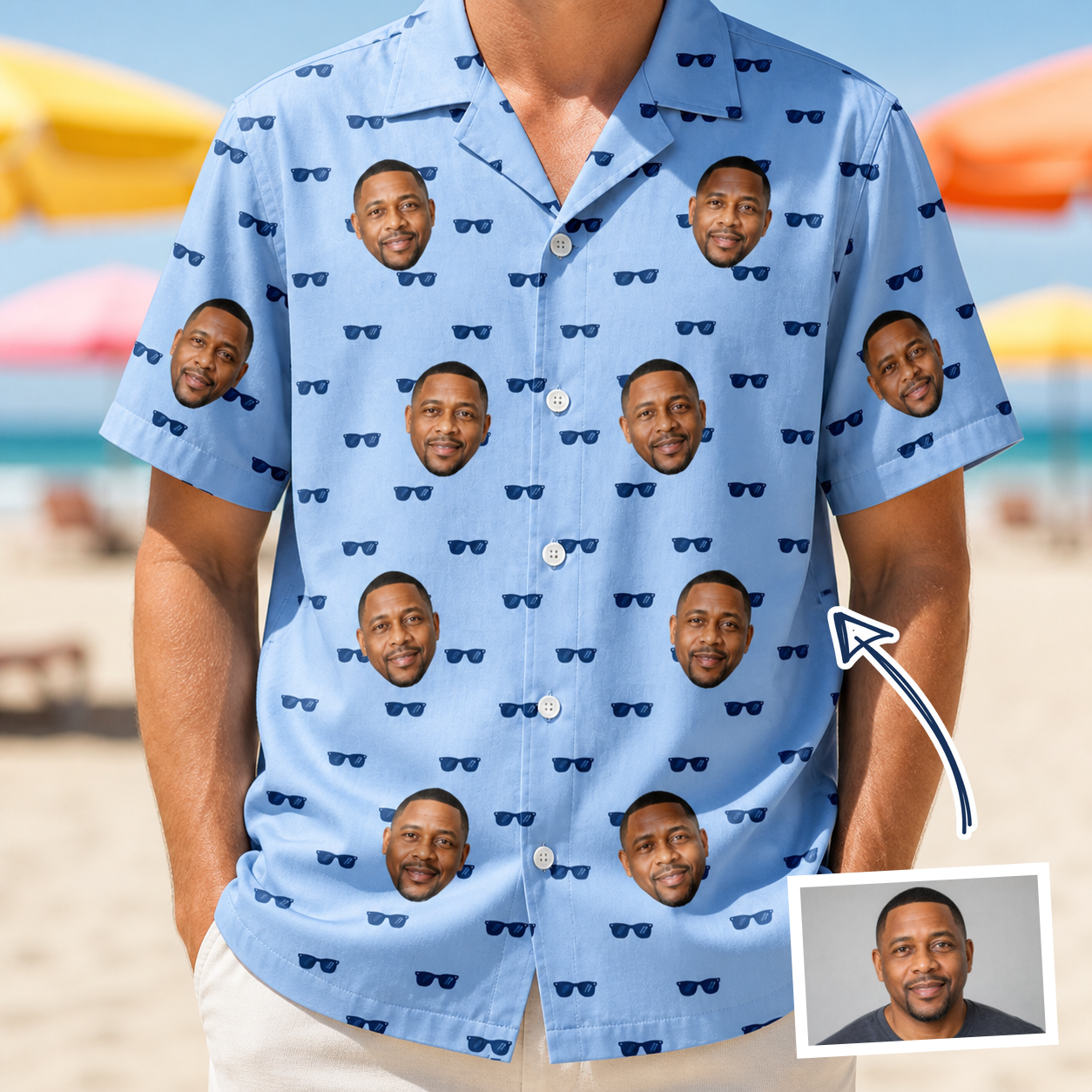 Man wearing Men's Flirt Filters Custom Face Hawaiian Shirt — custom faces printed all-over
