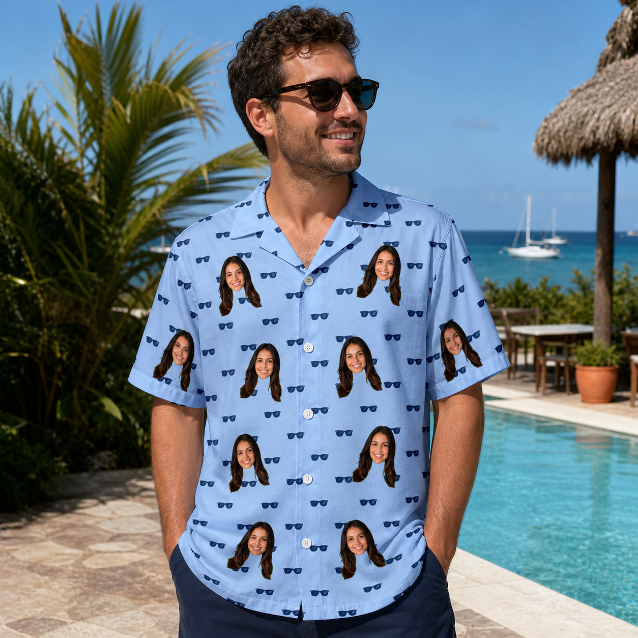 Real-life photo of someone wearing Men's Flirt Filters Custom Face Hawaiian Shirt — custom faces printed all-over
