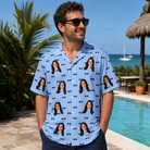 Real-life photo of someone wearing Men's Flirt Filters Custom Face Hawaiian Shirt — custom faces printed all-over