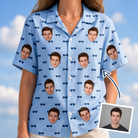 Woman wearing Women's Flirt Filters Custom Face Hawaiian Shirt — custom faces printed all-over