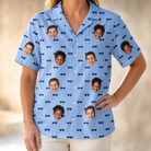 Model wearing Women's Flirt Filters Custom Face Hawaiian Shirt printed with kids' faces