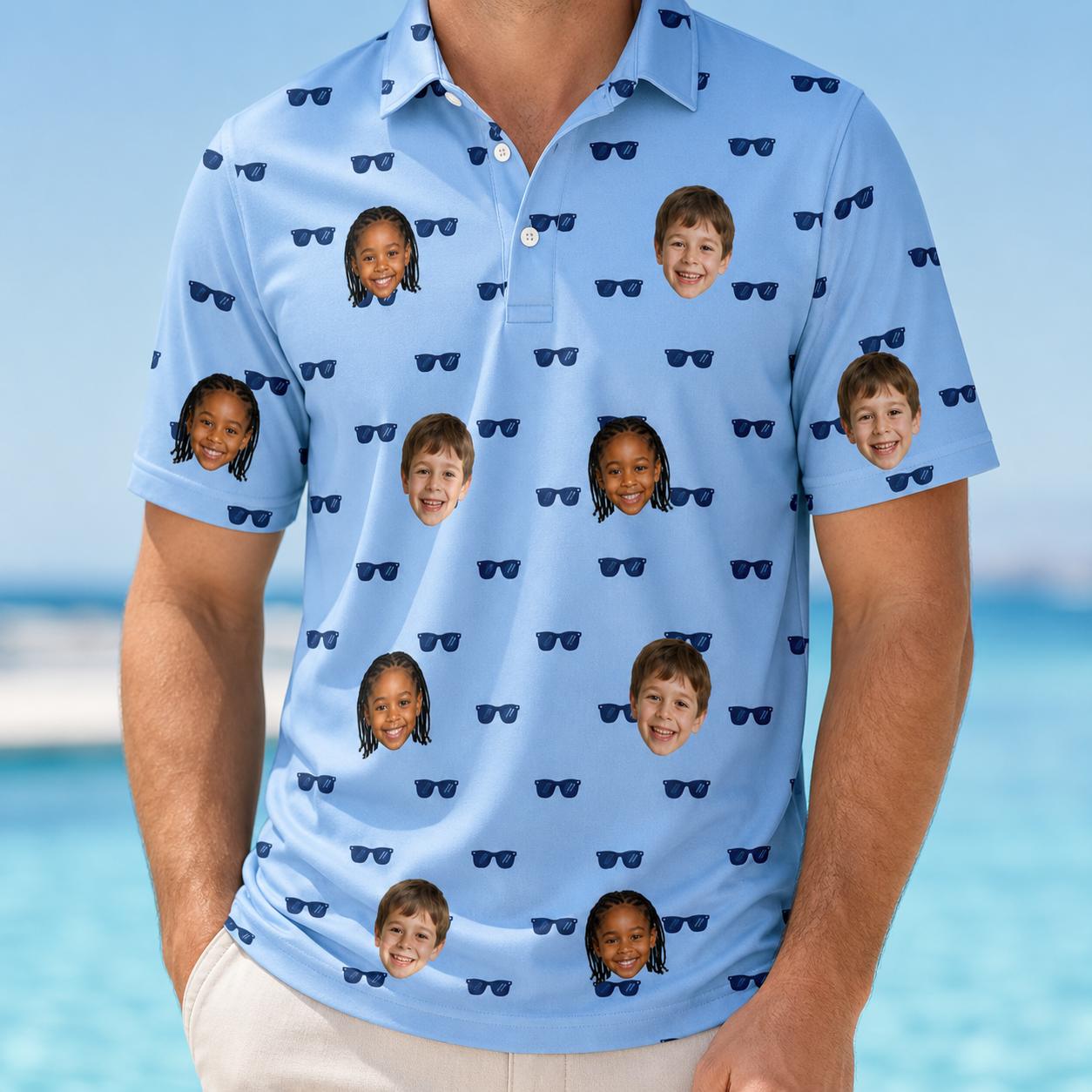 Model wearing Men's Flirt Filters Custom Face Polo Shirt printed with kids' faces