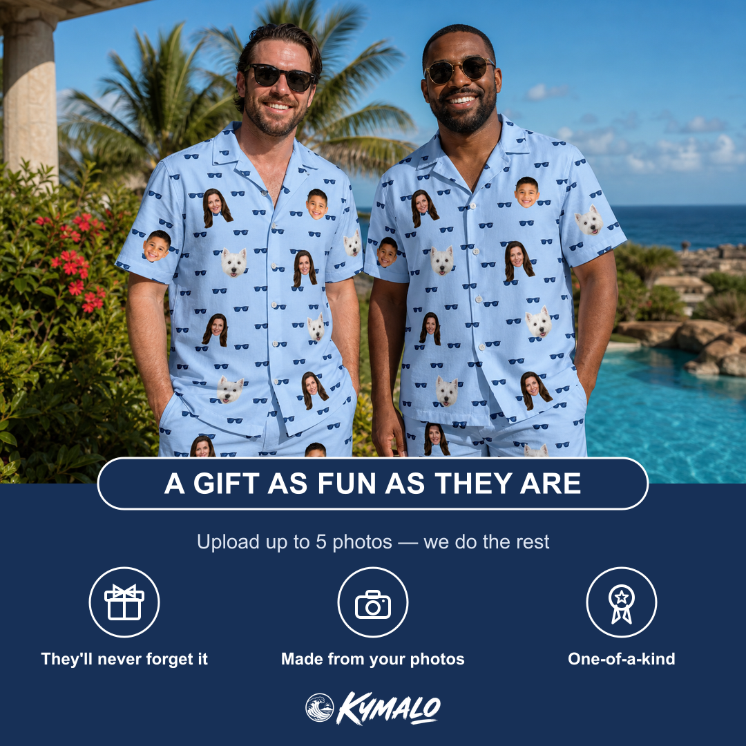 Friends in matching Men's Flirt Filters Custom Face Shirt & Shorts Set — a group gift photo