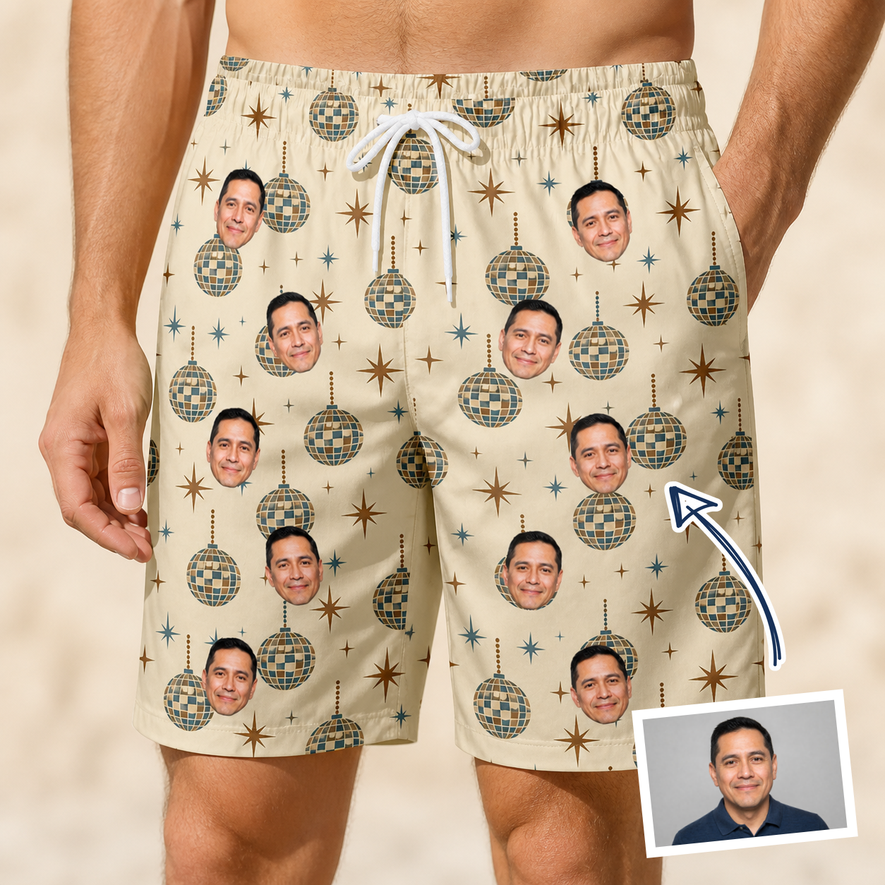 Man wearing Men's Glitz Gals Custom Face Beach Shorts — custom faces printed all-over