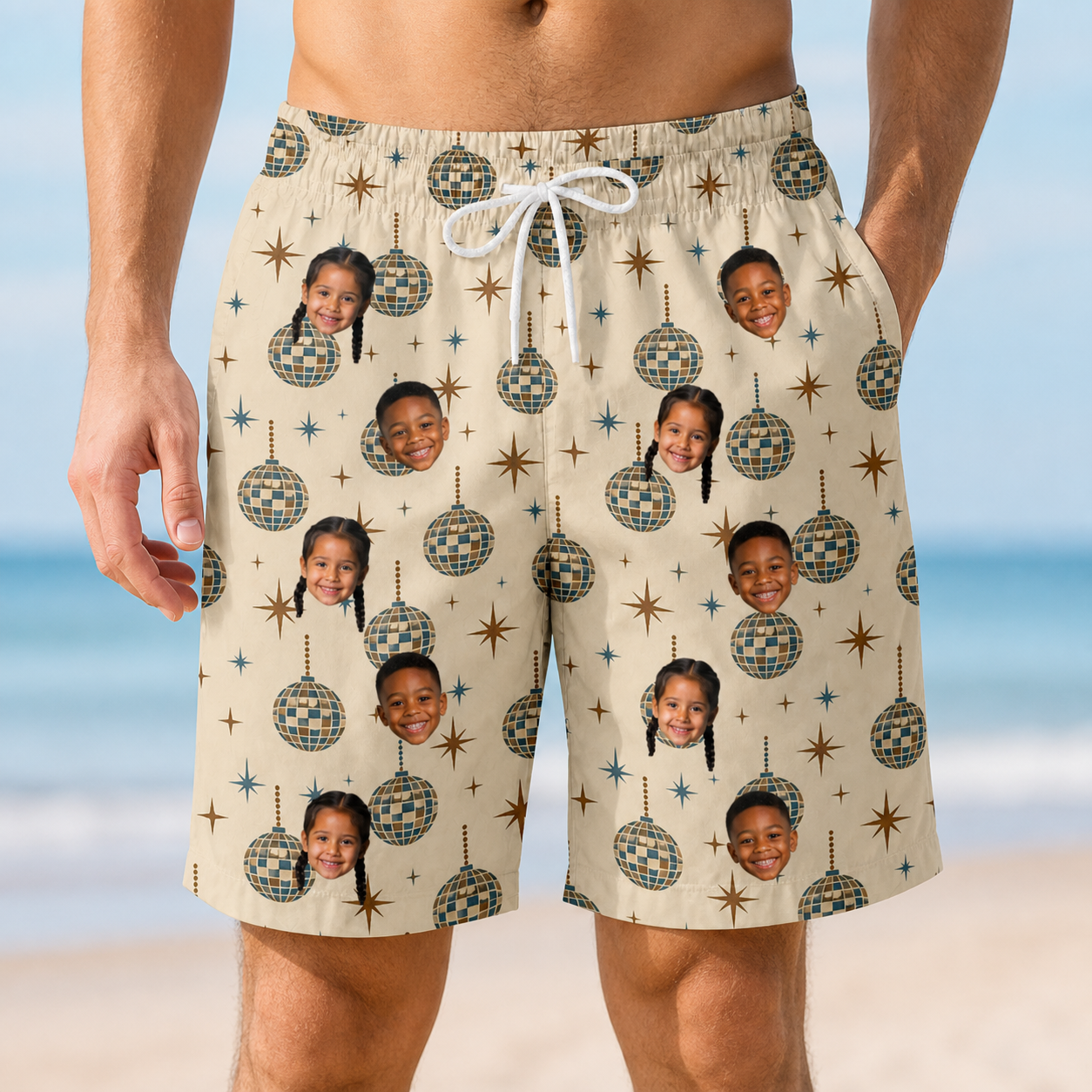 Model wearing Men's Glitz Gals Custom Face Beach Shorts printed with kids' faces