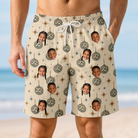Model wearing Men's Glitz Gals Custom Face Beach Shorts printed with kids' faces