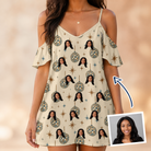 Woman wearing Women's Glitz Gals Custom Face Off-Shoulder Dress — custom faces printed all-over