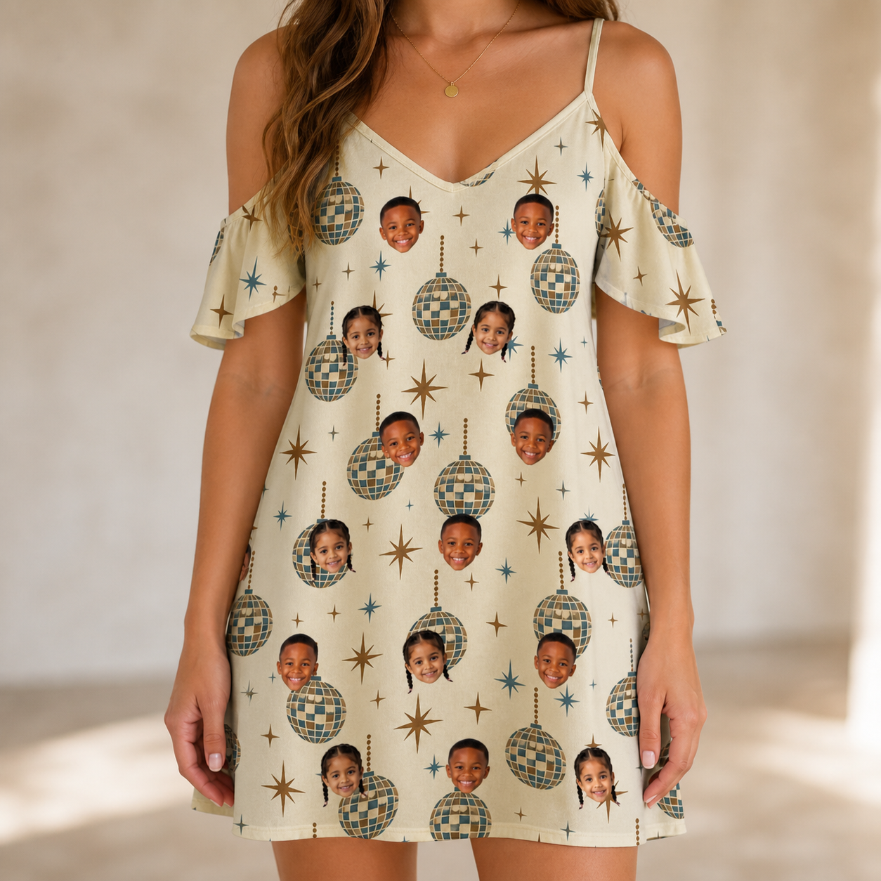 Model wearing Women's Glitz Gals Custom Face Off-Shoulder Dress printed with kids' faces
