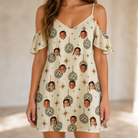 Model wearing Women's Glitz Gals Custom Face Off-Shoulder Dress printed with kids' faces