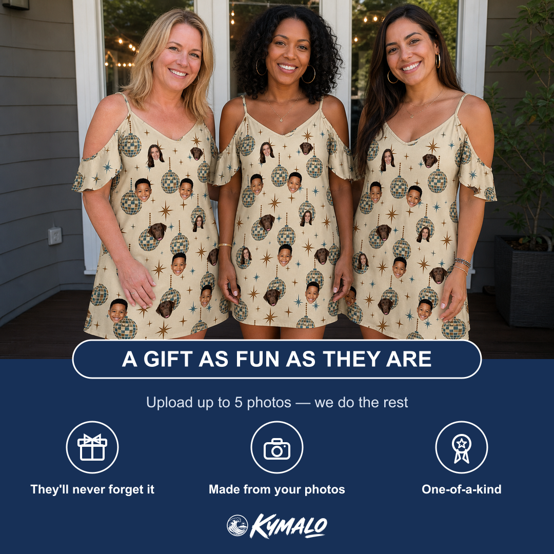 Friends in matching Women's Glitz Gals Custom Face Off-Shoulder Dress — a group gift photo
