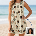 Woman wearing Women's Glitz Gals Custom Face Tank Dress — custom faces printed all-over