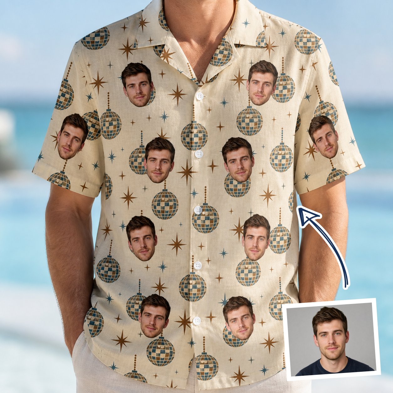 Man wearing Men's Glitz Gals Custom Face Hawaiian Shirt — custom faces printed all-over