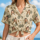 Woman wearing Women's Glitz Gals Custom Face Hawaiian Shirt tied at the waist