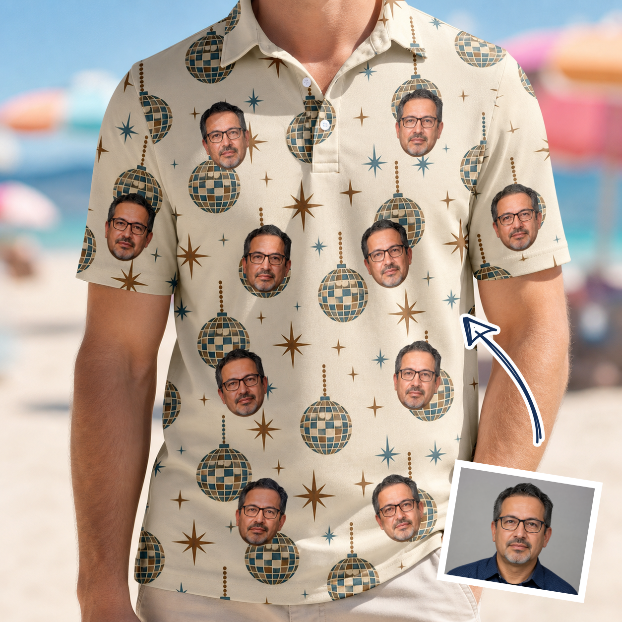 Man wearing Men's Glitz Gals Custom Face Polo Shirt — custom faces printed all-over